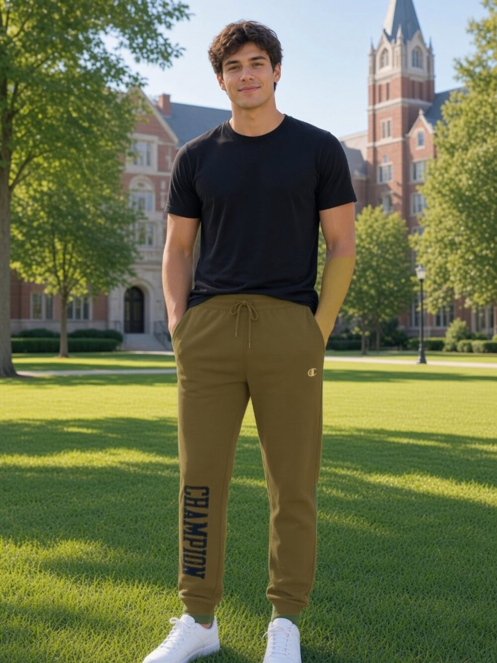 Champion Men Olive Green Pants Sport Casual Joggers Pockets Logo US XS